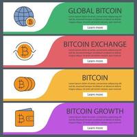 Bitcoin web banner templates set. Global bitcoin, wallet, exchange. Website color menu items. Vector headers design concepts