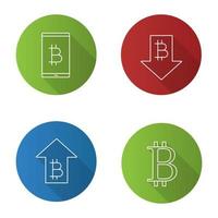 Bitcoin flat linear long shadow icons set. Digital wallet, rate rising and falling, bitcoin sign. Vector outline illustration