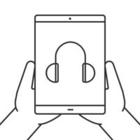 Hands holding tablet computer linear icon. Listen to music. Thin line illustration. Tablet computer with headphones. Contour symbol. Vector isolated outline drawing