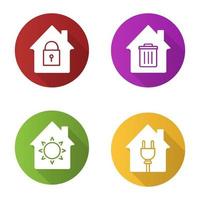 Houses flat design long shadow glyph icons set. Home buildings with lock, sun, trashcan and wire plug inside. Vector silhouette illustration