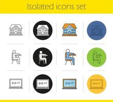 School and education icons set. Linear, black and color styles. School building, pupil sitting in classroom, blackboard. Isolated vector illustrations