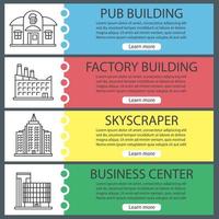 City buildings web banner templates set. Skyscraper, pub, factory, business center. Website color menu items with linear icons. Vector headers design concepts