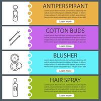 Cosmetics accessories web banner templates set. Roll antiperspirant, earsticks, blusher, hair spray. Website color menu items with linear icons. Vector headers design concepts