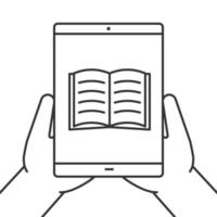 Hands holding tablet computer linear icon. Thin line illustration. Tablet computer with open book. Contour symbol. Vector isolated outline drawing