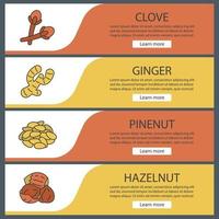 Spices web banner templates set. Clove, ginger, pinenut, hazelnut. Website color menu items. Vector headers design concepts