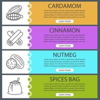 Spices web banner templates set. Cardamon, cinnamon, nutmeg, spices bag. Website color menu items with linear icons. Vector headers design concepts