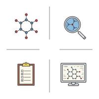 Conjunto de iconos de colores de laboratorio de ciencias. molécula, computadora de laboratorio, análisis de estructura molecular, lista de verificación de pruebas. ilustraciones vectoriales aisladas vector