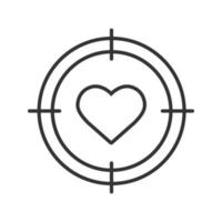 Aim on heart linear icon. Dating search service thin line illustration. Finding love. Health care contour symbol. Vector isolated outline drawing