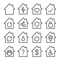 Houses linear icons set. Home buildings with man, heart, group of people, dollar sign, wheelchair, question and tick marks inside. Thin line contour symbols. Isolated vector outline illustrations