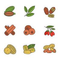 Spices color icons set. Cardamom, bay leaves, pecan nut, cinnamon, allspice, goji berries, nutmeg, pistachio, peanut. Isolated vector illustrations