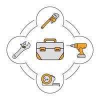 conjunto de iconos de colores de contenido de caja de herramientas. llaves inglesas y de media luna, cinta métrica, taladro inalámbrico. herramientas de construcción. ilustraciones vectoriales aisladas vector