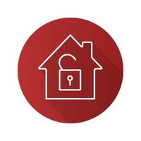 Unlocked house flat linear long shadow icon. Home protection. House with open padlock. Vector outline symbol