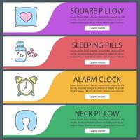 Sleeping accessories web banner templates set. Pillows, alarm clock, sleeping pills. Website color menu items. Vector headers design concepts