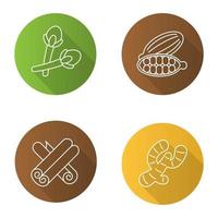 Spices flat linear long shadow icons set. Clove, cardamom, ginger, cinnamon. Vector outline illustration