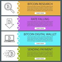 Bitcoin web banner templates set. Bitcoin searching, rate falling, digital wallet, sending payment. Website color menu items with linear icons. Vector headers design concepts