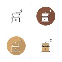 Coffee grinder icon. Flat design, linear and color styles. Vintage coffee mill. Isolated vector illustrations