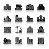 City buildings drop shadow black glyph icons set. Town architecture. Isolated vector illustrations