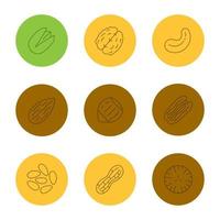 Nuts types linear icons set. Pistachio, walnut, cashew and pecan nuts, almond, hazelnut, pinenuts, peanut, nutmeg. Thin line outline symbols on color circles. Vector illustrations