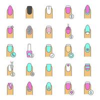 Manicure color icons set. Nail salon service. Variety of manicure types. Isolated vector illustrations