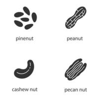 conjunto de iconos de glifo de tipos de nueces. símbolos de silueta. piñones, cacahuetes, anacardos, nueces pecanas. vector ilustración aislada