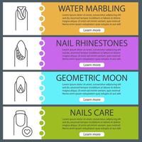 Manicure web banner templates set. Geometric moon, water marbling, rhinestones, nails care. Website color menu items with linear icons. Vector headers design concepts