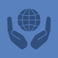 Open palms with globe glyph color icon. Silhouette symbol. Global probems solving. Negative space. Vector isolated illustration