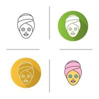 Spa procedure icon. Flat design, linear and color styles. Woman with cucumber facial mask. Isolated vector illustrations