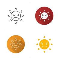 Sad sun smile icon. Flat design, linear and glyph color styles. Bad mood emoticon. Isolated vector illustrations