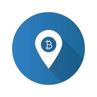 Bitcoin ATM location flat design long shadow glyph icon. Map pinpoint with bitcoin sign. Vector silhouette illustration