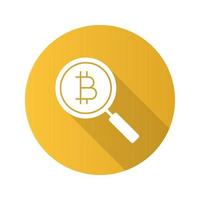 Icono de glifo de larga sombra de diseño plano de investigación de bitcoin. lupa con criptomoneda. explorando bitcoin. ilustración de silueta de vector