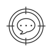 Aim on speech bubble linear icon. Dialogs searching thin line illustration. Chatting. Communication goal contour symbol. Vector isolated outline drawing