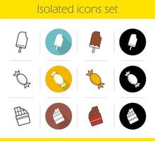 Sweets icons set. Flat design, linear, black and color styles. Ice cream, caramel candy, chocolate bar. Isolated vector illustrations