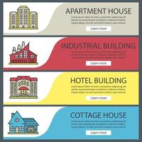 Buildings web banner templates set. Apartment house, industrial factory, hotel, cottage. Website color menu items. Vector headers design concepts