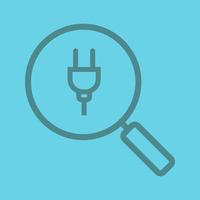 Magnifying glass with plug linear icon. Thick line outline symbols on color background. Vector illustration