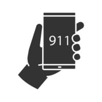Emergency calling glyph icon. Hand holding smartphone with 911 number. Silhouette symbol. Negative space. Vector isolated illustration