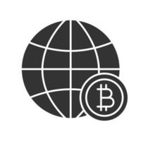 Global bitcoin glyph icon. Silhouette symbol. Cryptocurrency. Globe with bitcoin sign. Negative space. Vector isolated illustration