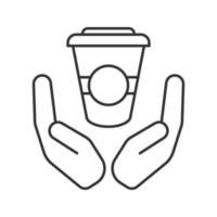 Open palms with paper cup linear icon. Free coffee. Thin line illustration. Tea to go. Contour symbol. Vector isolated outline drawing