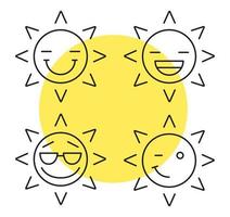 Sun smiles linear icons set. Emoticons. Laughing, happy, cool and winking sun smiles. Thin line contour symbols. Isolated vector outline illustrations