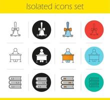 School and education icons set. Linear, black and color styles. Pupil sitting at desk, books stack, school bell. Isolated vector illustrations