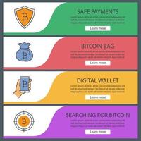 Bitcoin web banner templates set. Searching for bitcoin, money bag, digital wallet, safe payments. Website color menu items. Vector headers design concepts