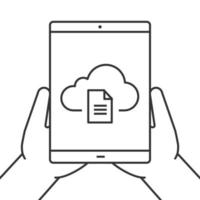 Hands holding tablet computer linear icon. Cloud computing. Thin line illustration. Tablet computer with cloud storage file. Contour symbol. Vector isolated outline drawing