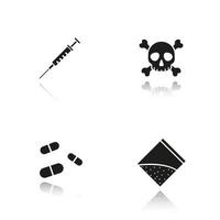 Drugs drop shadow black icons set. Syringe with needle, crossbones death and poison symbol, pills, narcotics packet. Isolated vector illustrations