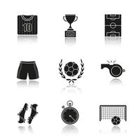 Soccer drop shadow black icons set. Football t-shirt, shoes and shorts, field, whistle, stopwatch, gate, ball in laurel wreath, winner's gold cup. Isolated vector illustrations