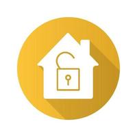 Unlocked house flat design long shadow glyph icon. House with open padlock inside. Vector silhouette illustration