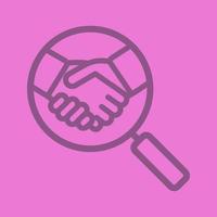 Business partner search linear icon. Magnifying glass with handshake. Thick line outline symbols on color background. Vector illustration