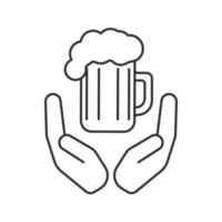 Open palms with beer mug linear icon. Free ale. Thin line illustration. Quality beer. Contour symbol. Vector isolated outline drawing