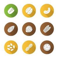 Nuts flat design long shadow glyph icons set. Pistachio, walnut, cashew and pecan nuts, almond, hazelnut, pinenuts, peanut, nutmeg. Vector silhouette illustration