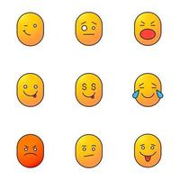 Smileys color icons set. Good and bad mood. Winking, confused, shocked, yummy, greedy, laughing, angry, bored emoticons. Isolated vector illustrations