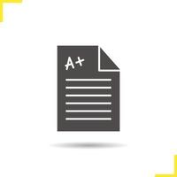 Test paper with excellent mark glyph icon. Drop shadow silhouette symbol. Negative space. Vector isolated illustration