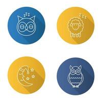 Nighttime flat linear long shadow icons set. Sleeping owls and sheep, moon with stars. Vector outline illustration